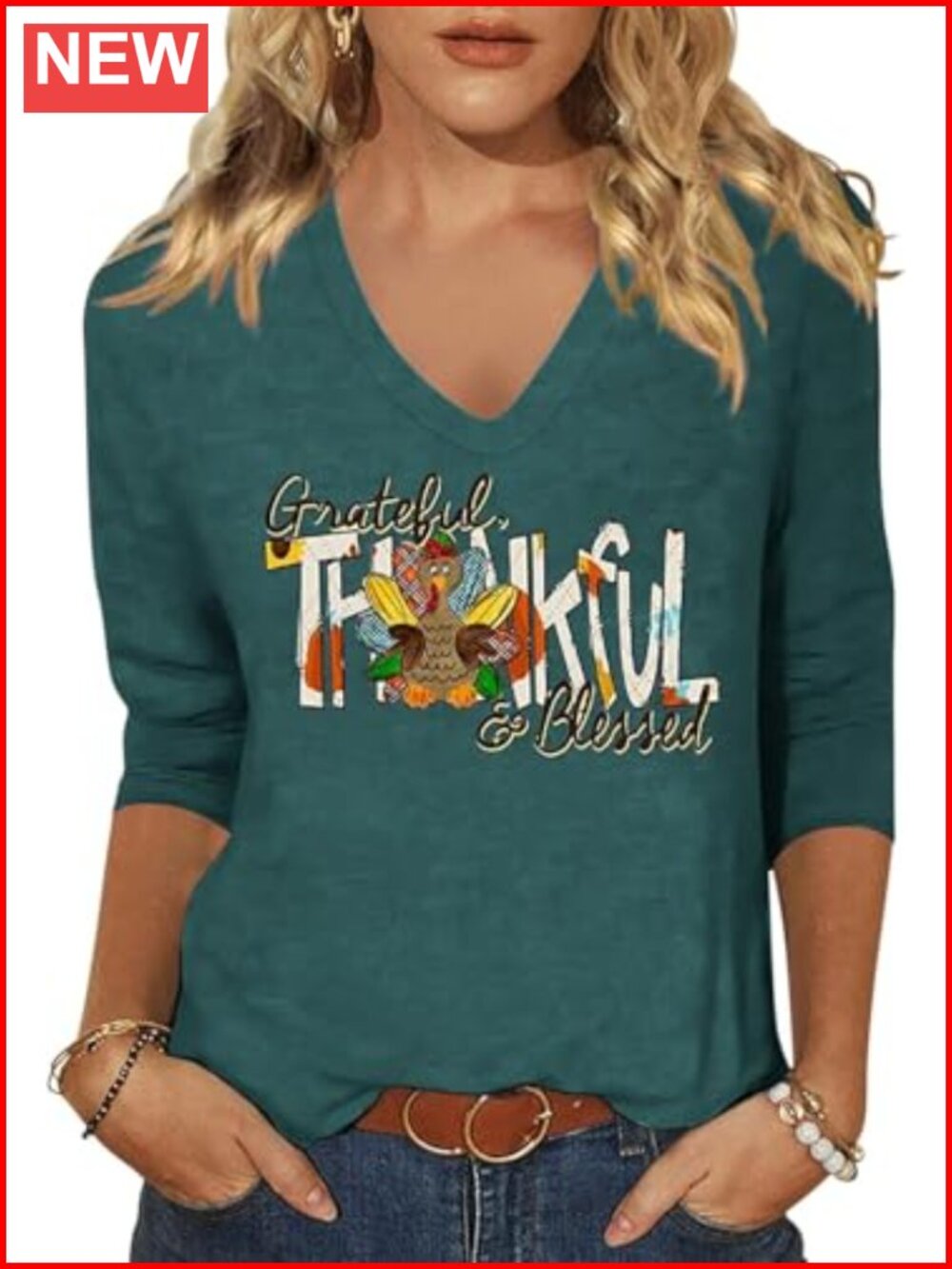 Womens 3/4 Sleeve V Neck Thanksgiving Fall T-Shirt
